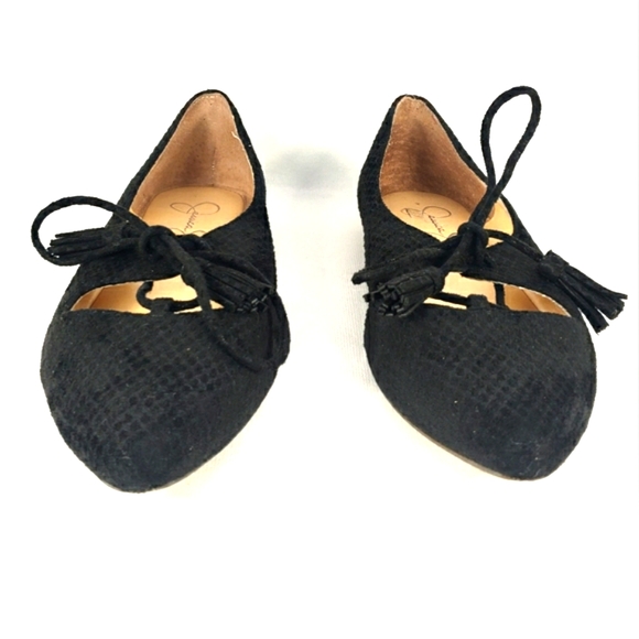 Jessica Simpson Black Vegan Suede, Tassel Lace-Up, Pointy Toe Flats. Women's 7M - Picture 9 of 12
